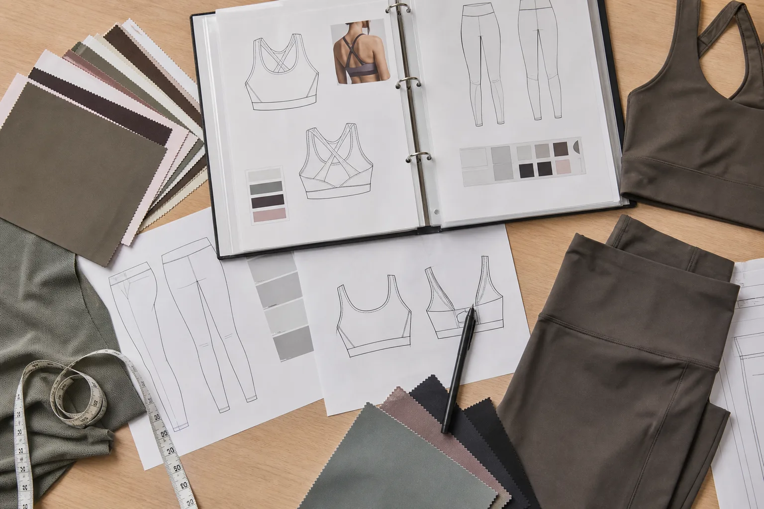 Activewear development workspace with swatches and measurement review