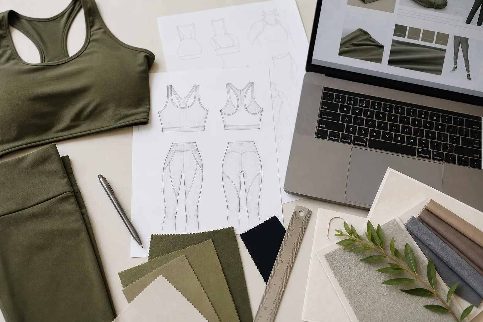 Activewear startup planning desk with fabric swatches and garment sketches