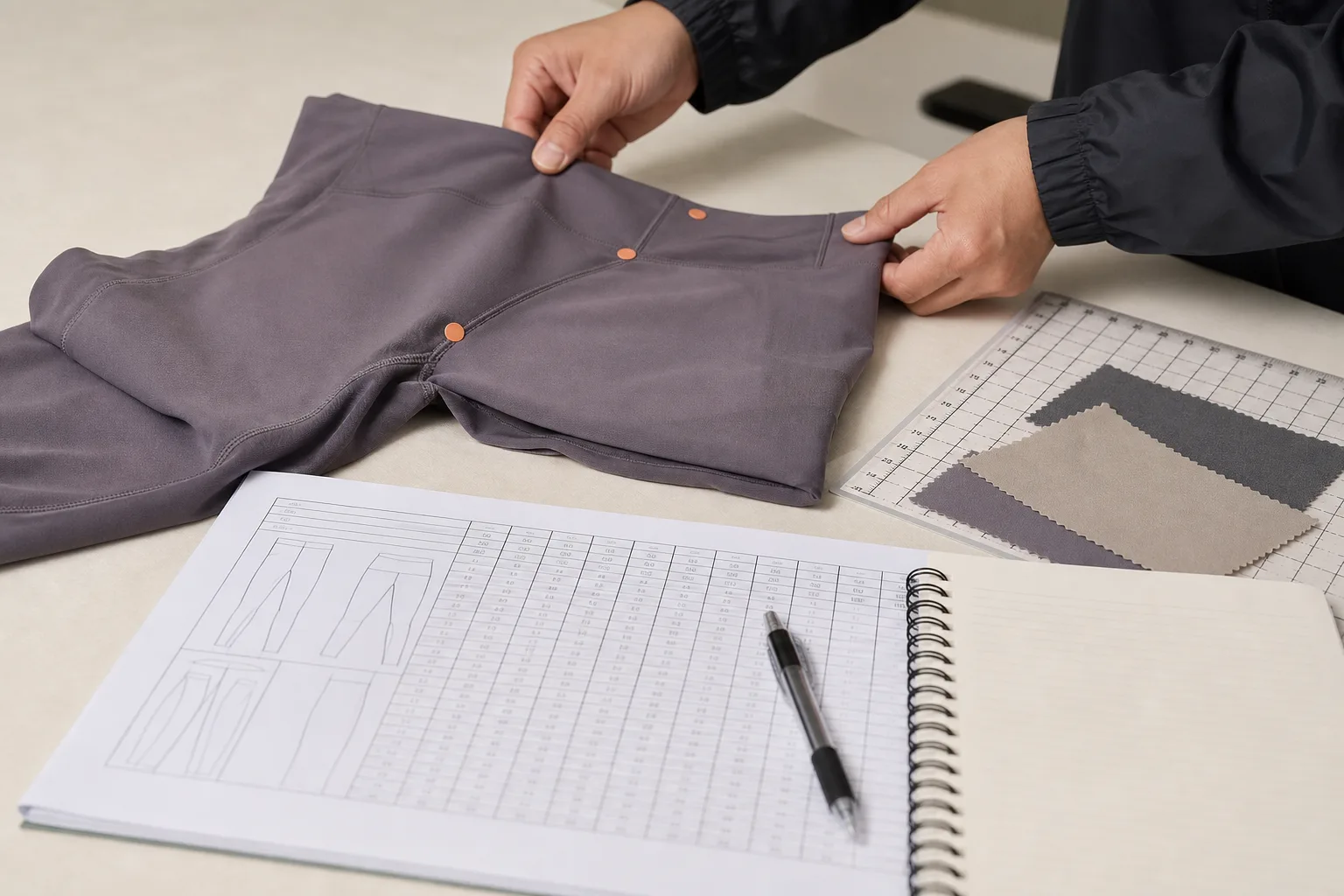 Garment sample review with measurement notes for an activewear startup