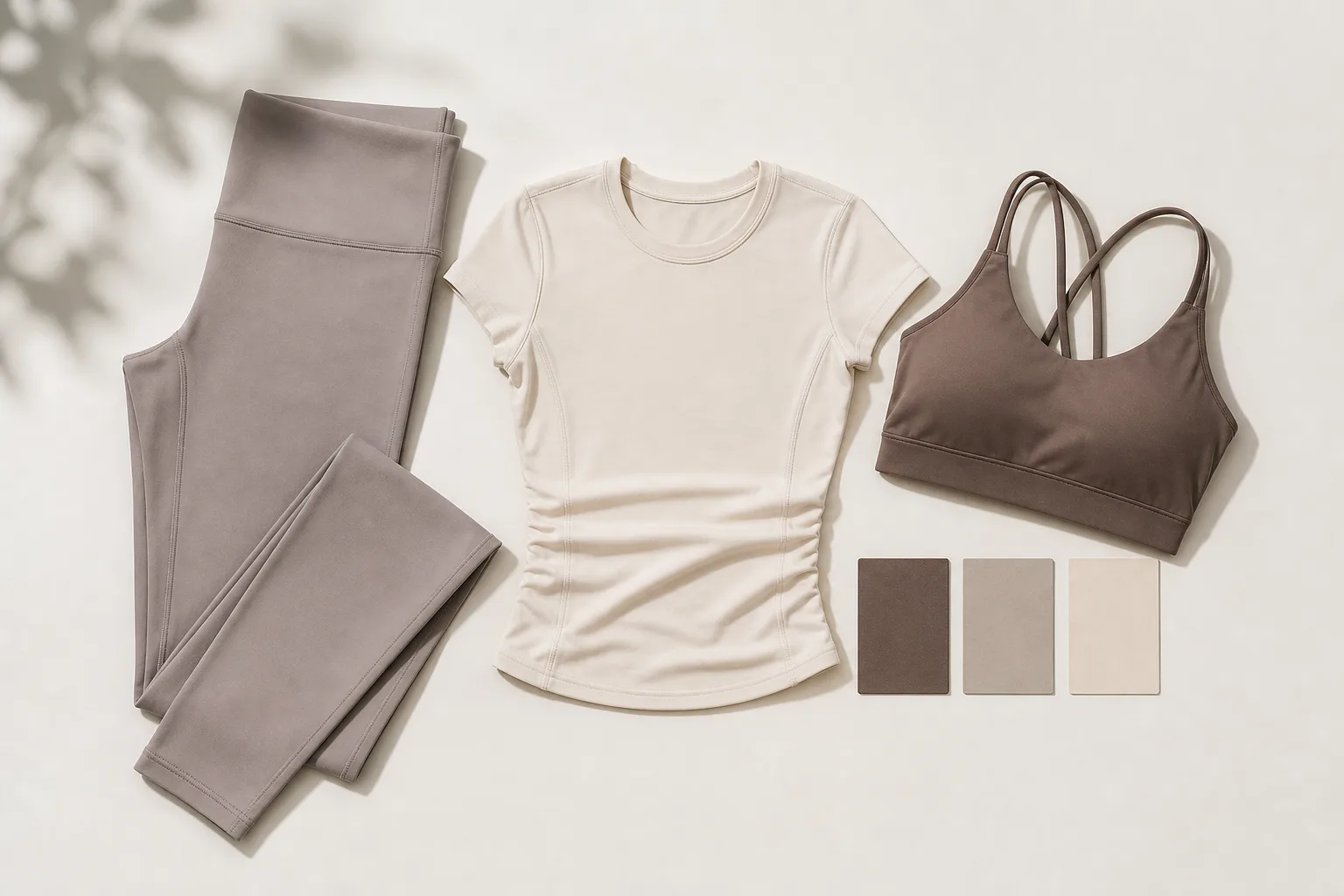 Neutral athleisure set flat lay with matching leggings, top, and sports bra