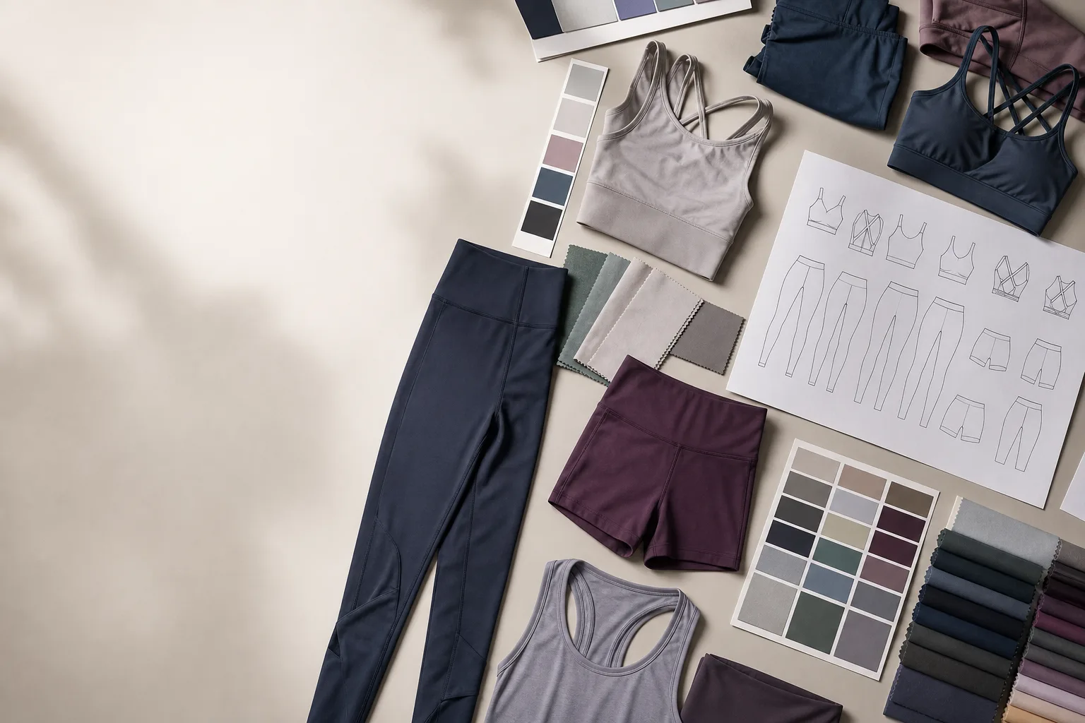 Activewear collection planning board with fabrics, garments, and color chips