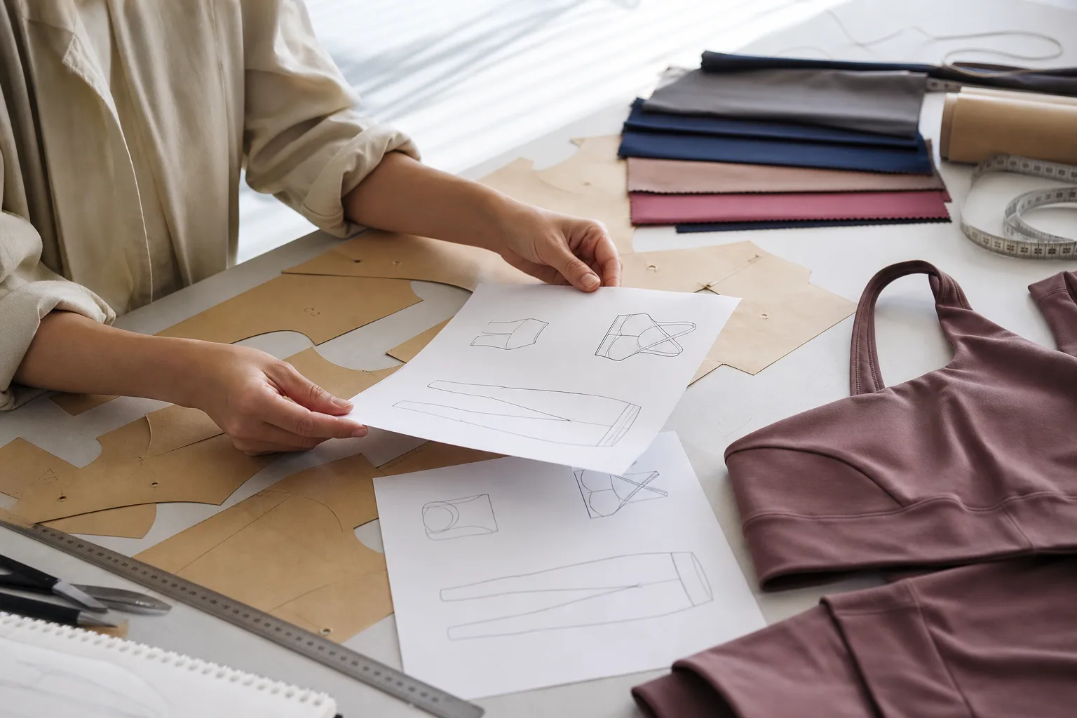 Designer hands reviewing patterns and a sample activewear garment