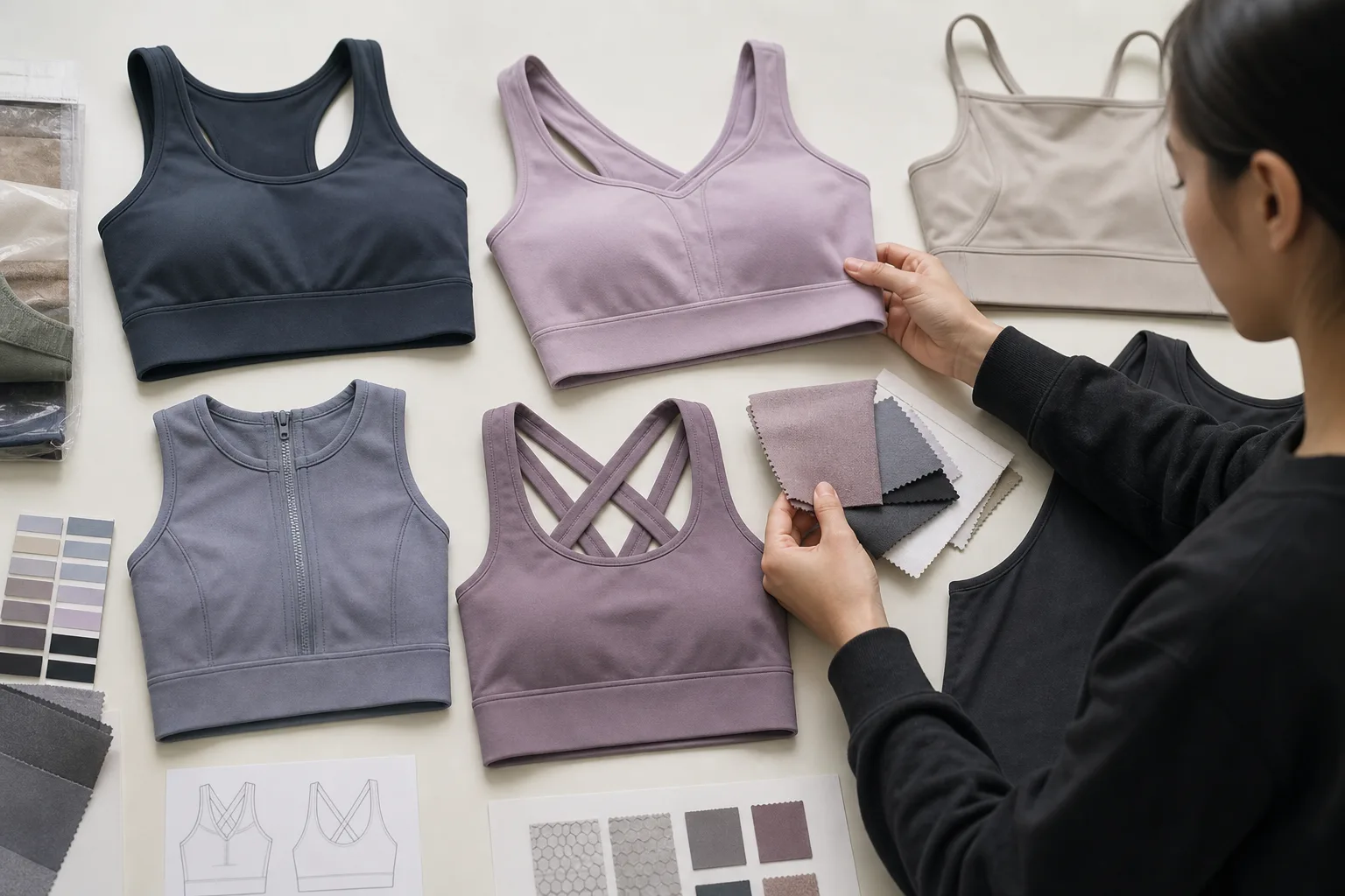 Sports bras and active tops for yoga apparel manufacturing buyers