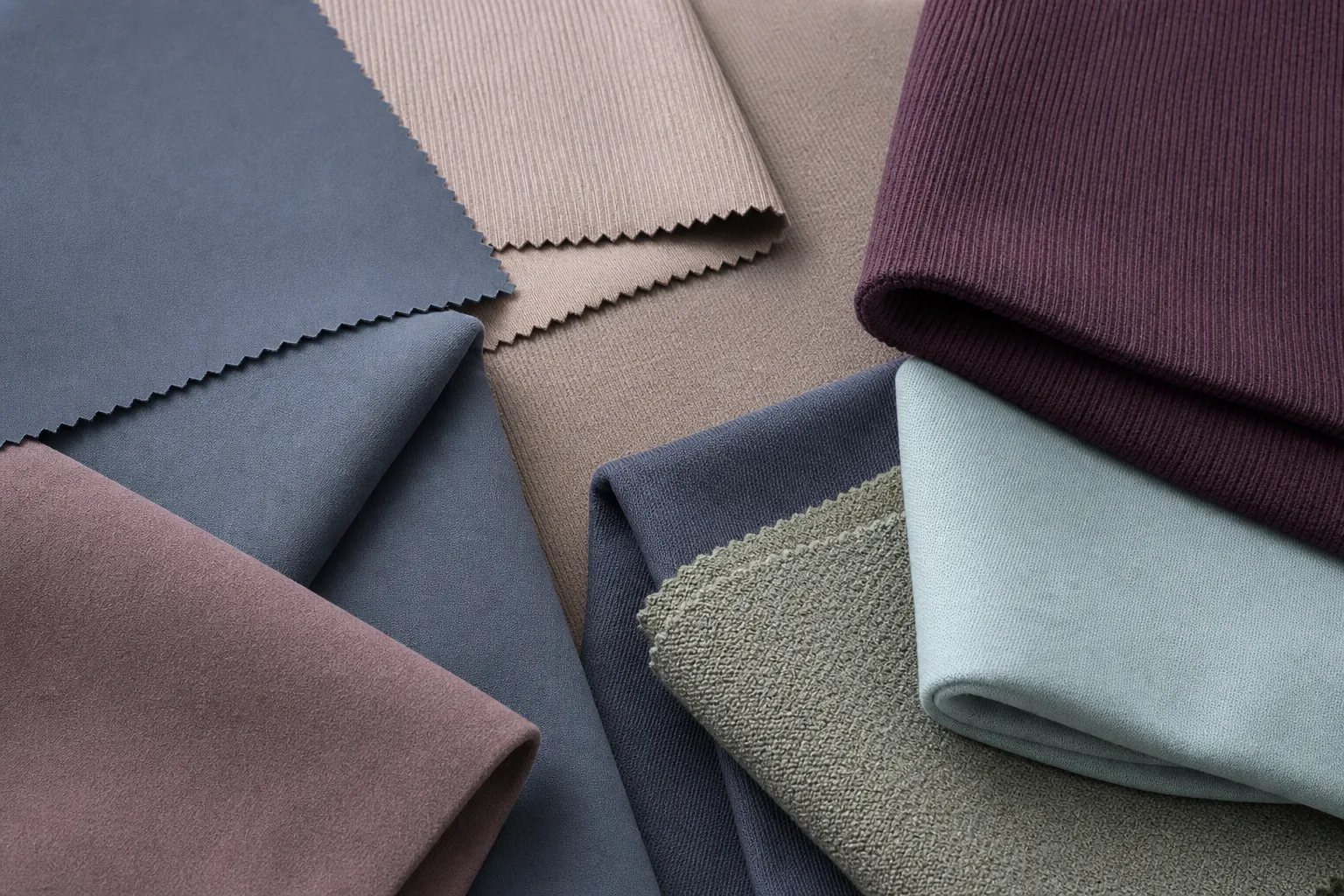 Activewear fabric swatches in different shades and textures
