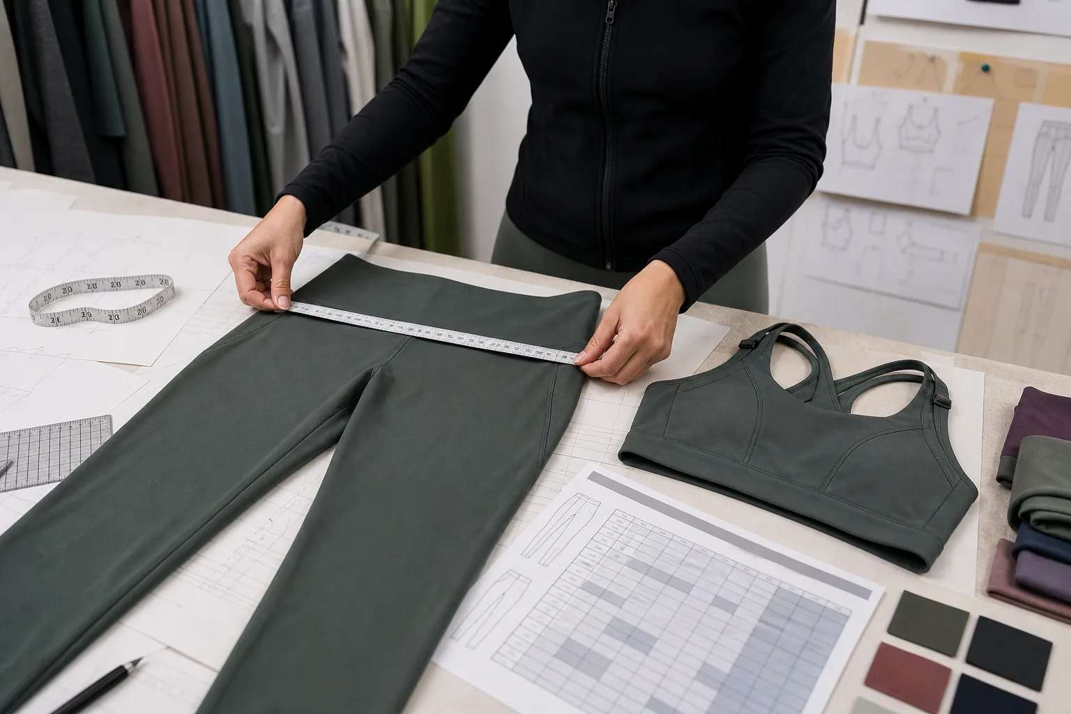 Apparel technician measuring pattern pieces beside graded size charts