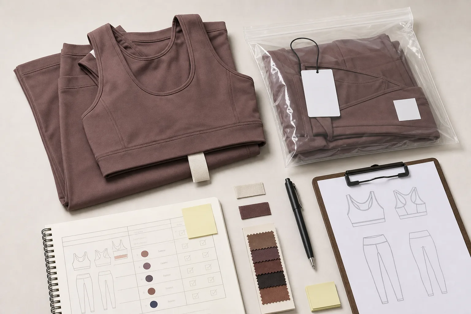 Yoga apparel sample pack with labels, hangtag, and packaging pieces