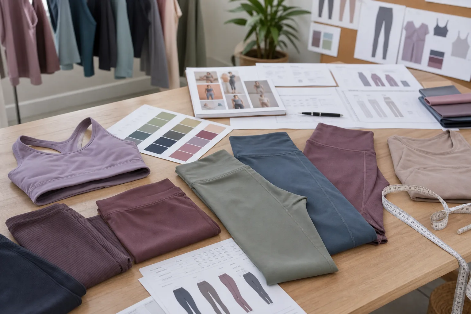 Yoga apparel samples with color swatches and size chart sheets