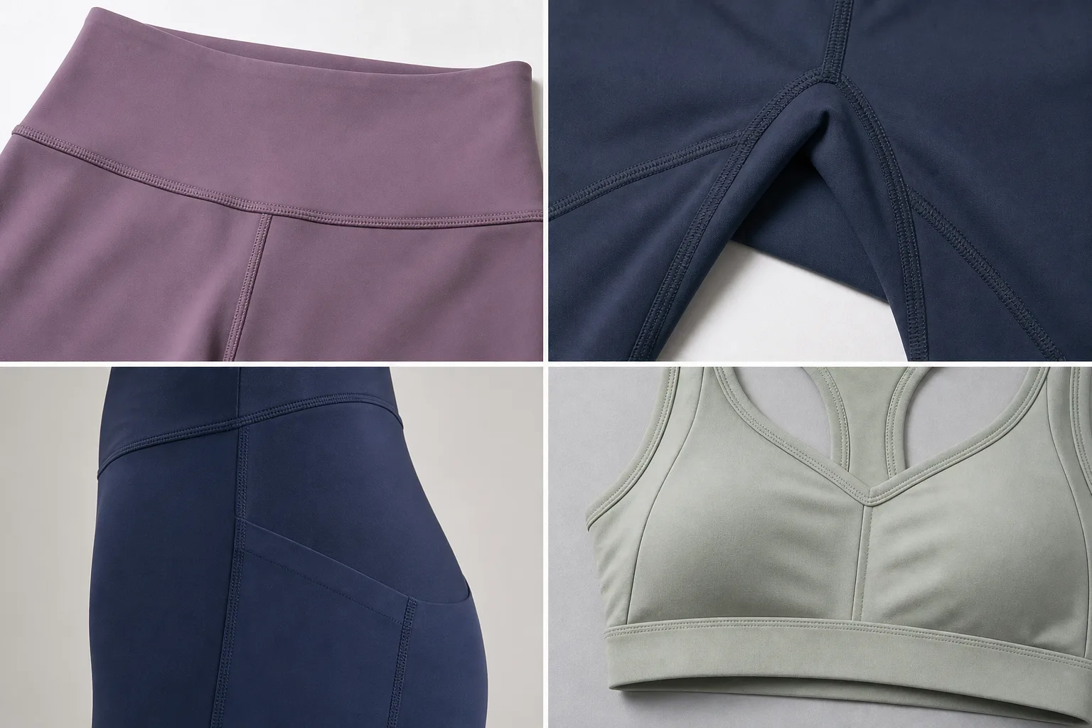 Compression yoga wear construction details showing waistband, seams, and underband