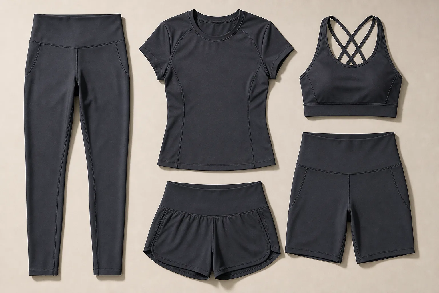 Compression yoga wear set with leggings, shorts, bra, and fitted top