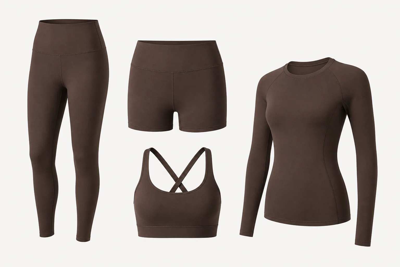 Compression yoga wear styles arranged as a clean product assortment
