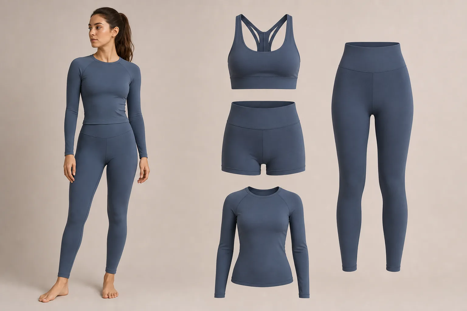 Compression yoga wear styles arranged as a clean product assortment