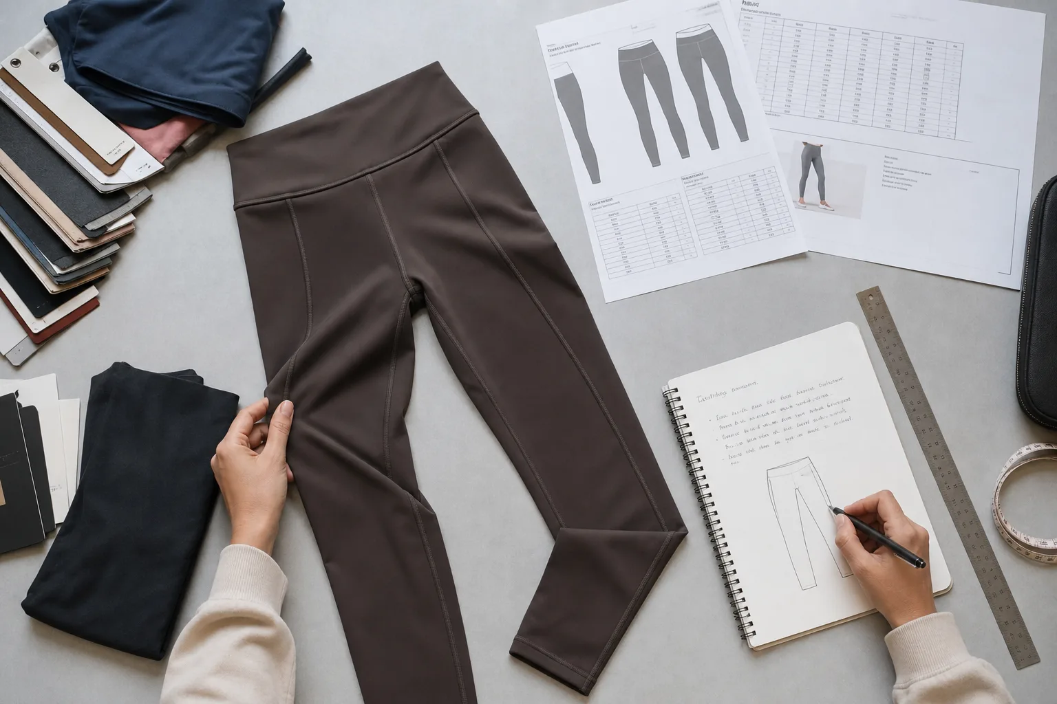 Compression yoga wear sample review with measurement chart and notes