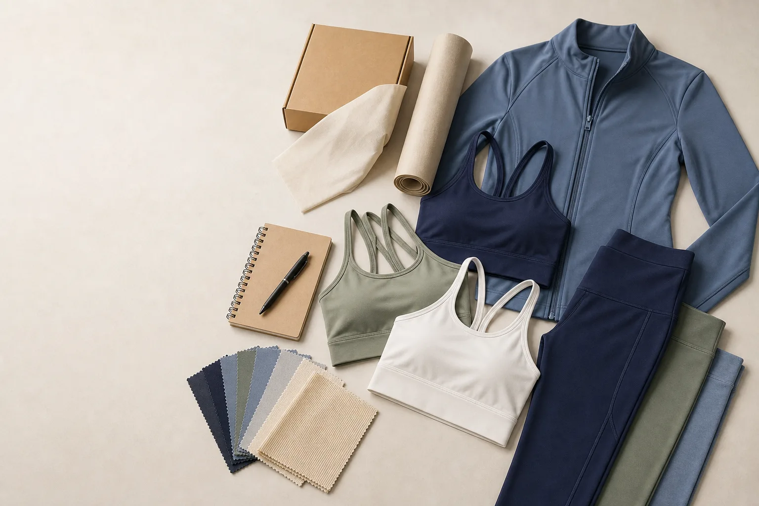Coordinated activewear pieces arranged for a corporate wellness program