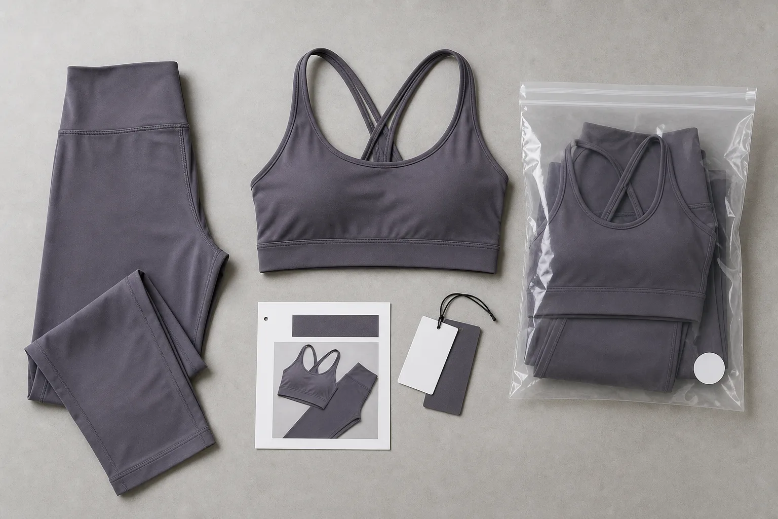 Custom activewear packaging flat lay with bags, tags, and inserts