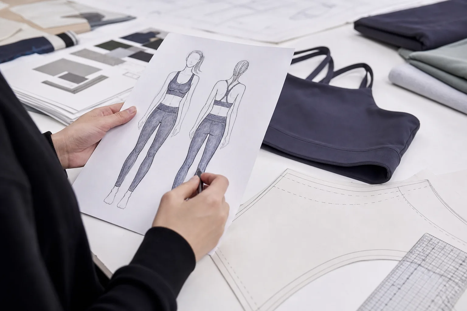 Apparel development workspace with sketch pattern pieces and spec review