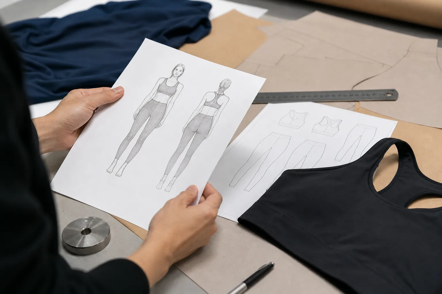 Apparel development workspace with sketch pattern pieces and spec review