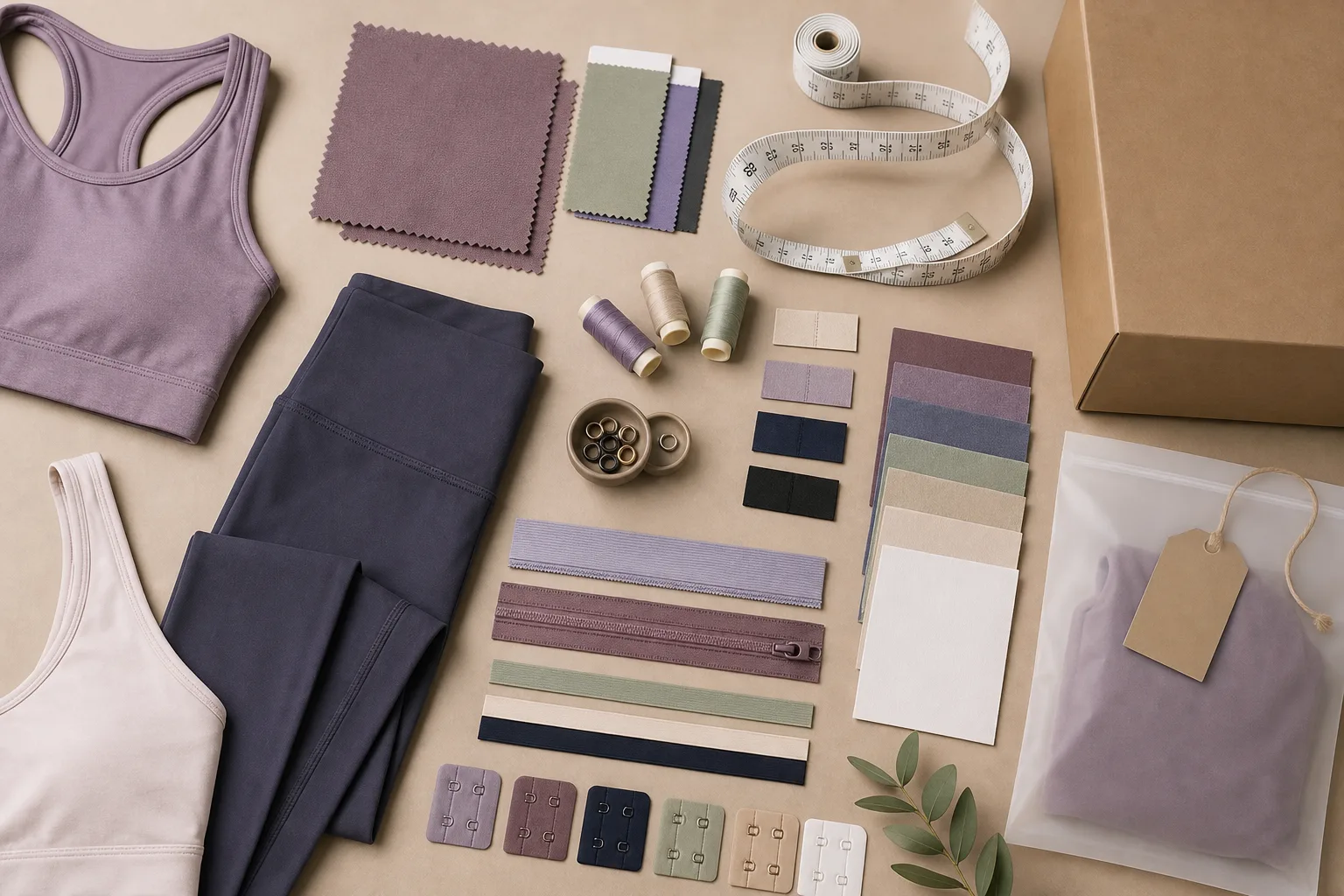 Yoga apparel customization concept board with swatches labels and packaging references
