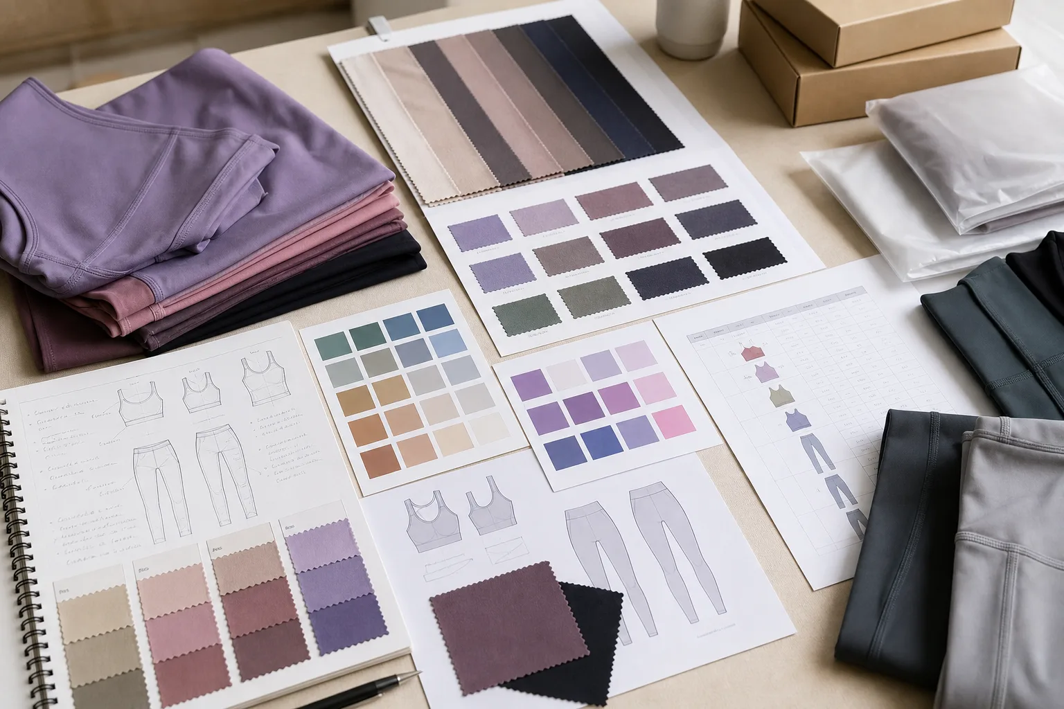 Activewear assortment planning with fabric swatches and size chart notes