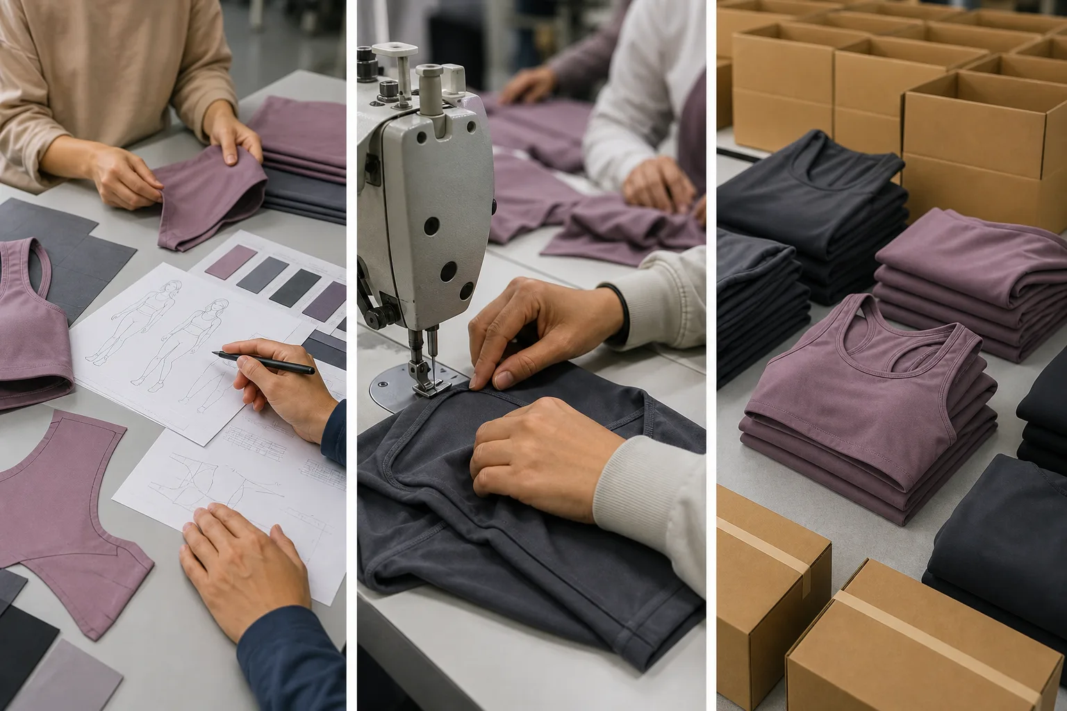 Development, sewing, and packing stages for yoga apparel manufacturing