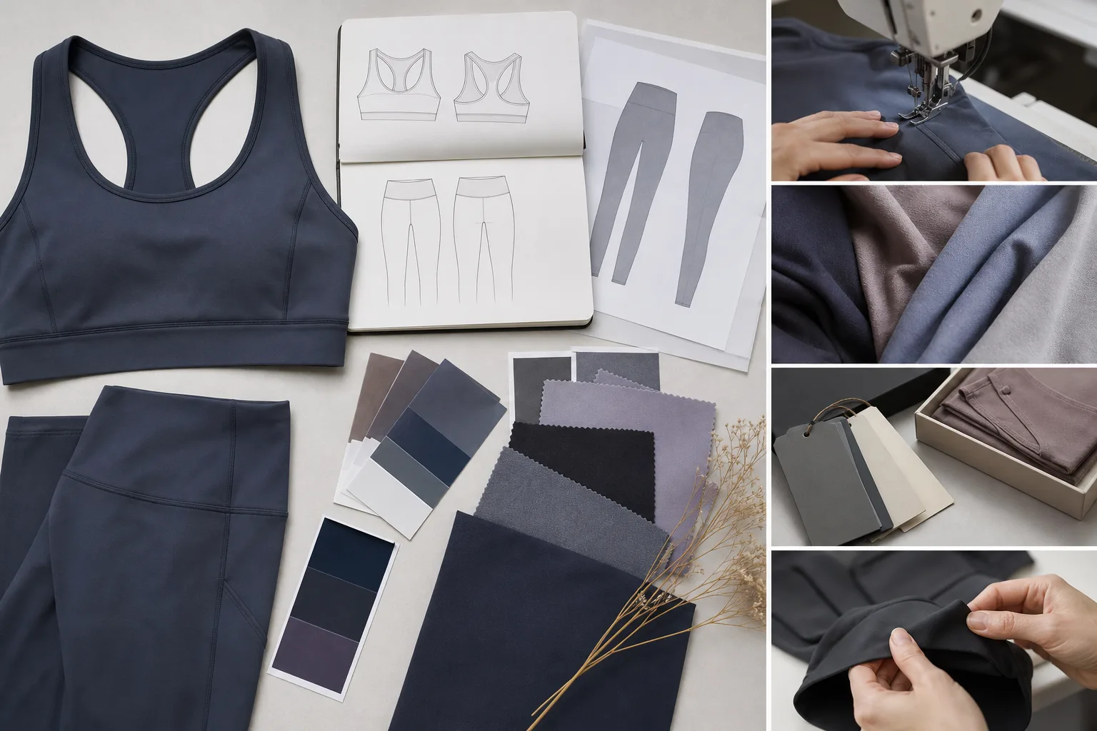 Yoga apparel sourcing materials arranged beside development and inspection tools
