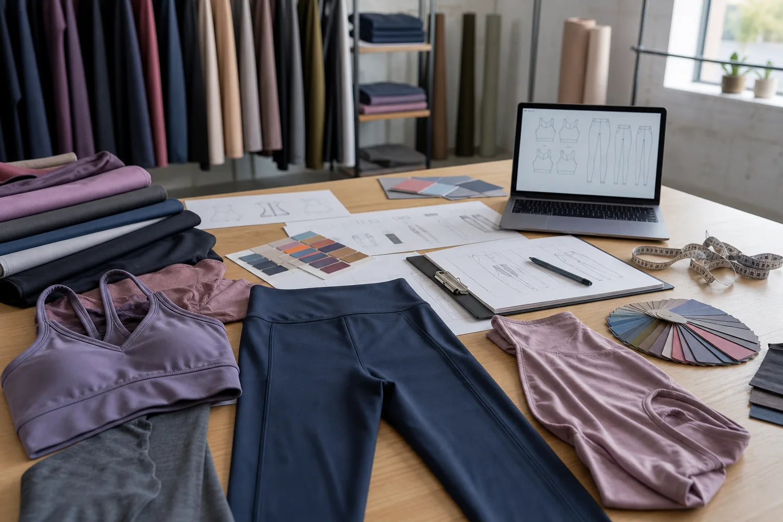 Yoga apparel development workspace with samples, fabrics, and measurement sheets