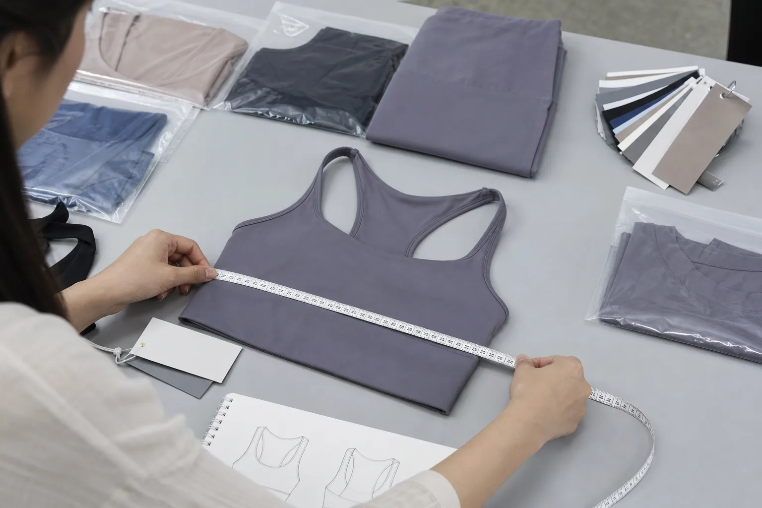 Hands checking yoga apparel measurements and branding details on a worktable