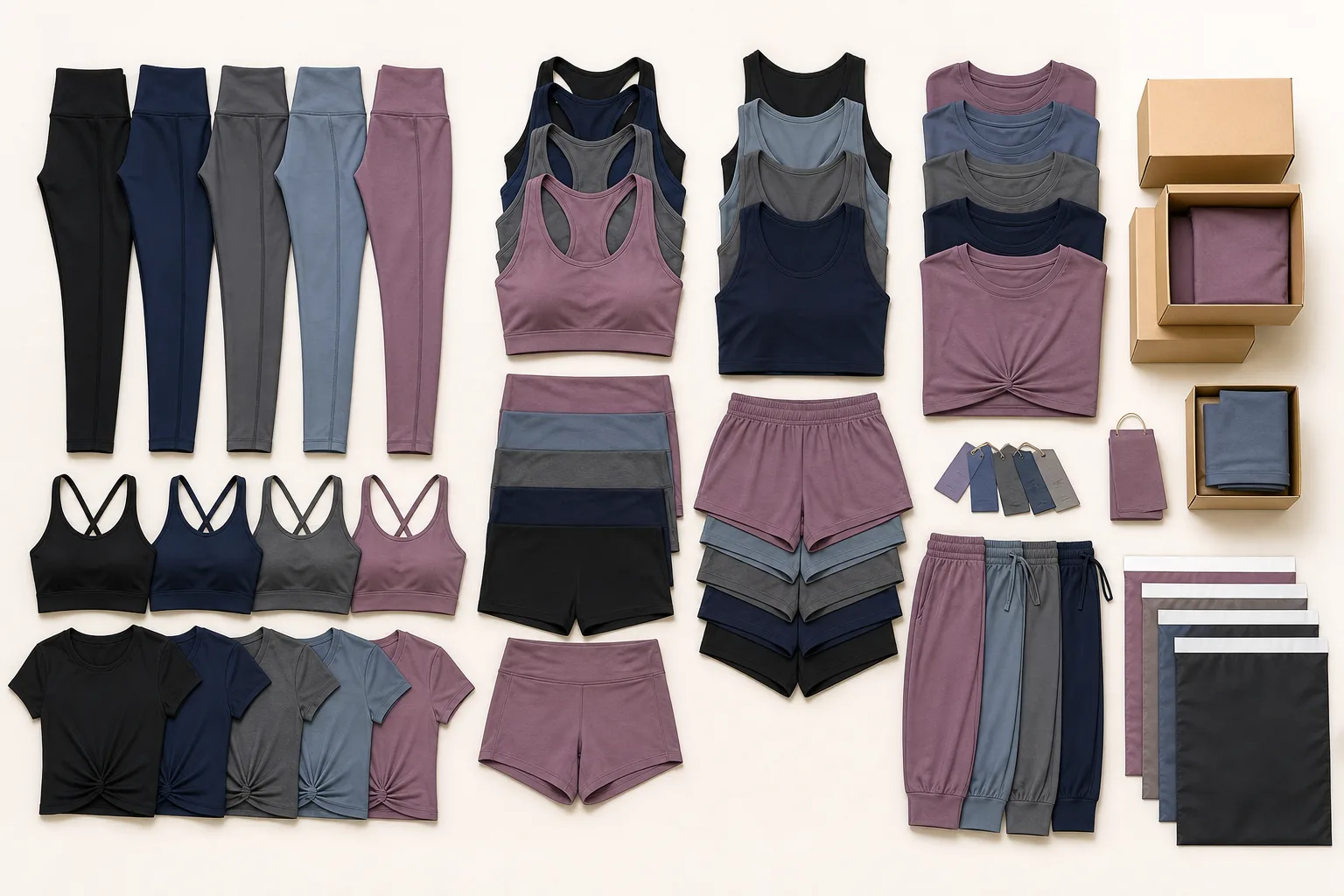 Activewear assortment flat lay with color and size planning