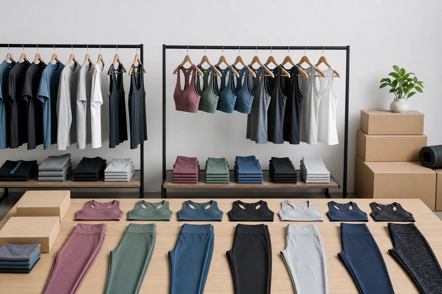 Logo-free activewear set arranged for gym chain uniform planning