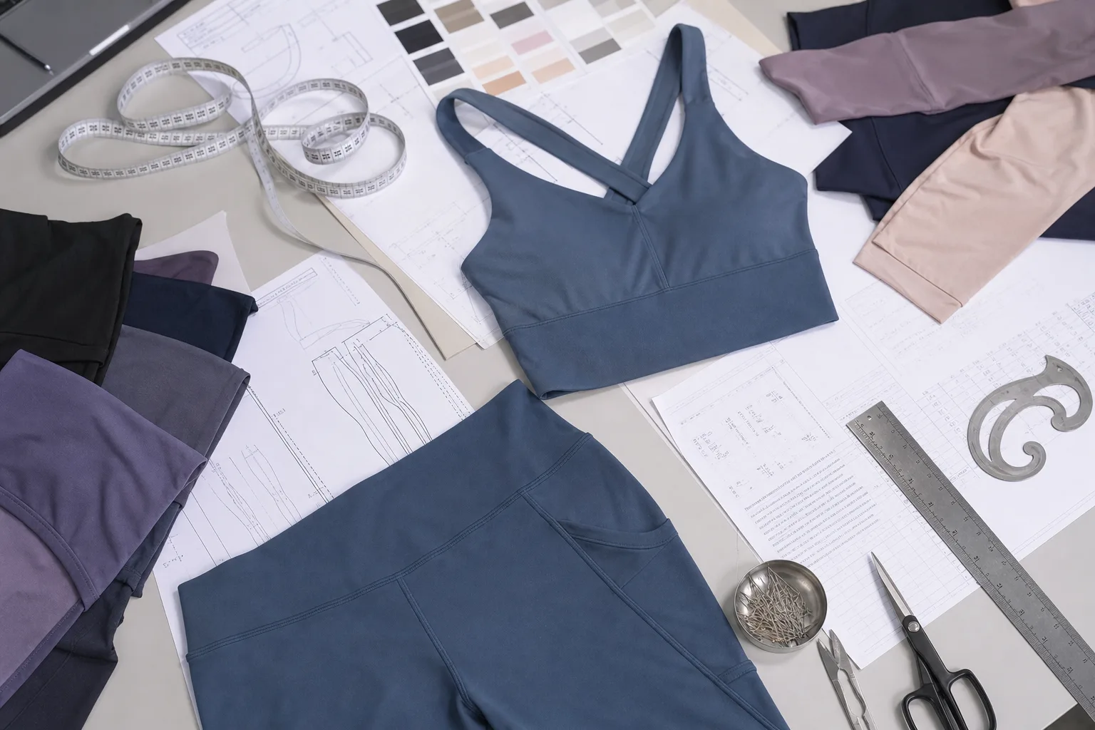 Activewear sample development desk with measurement and pattern tools