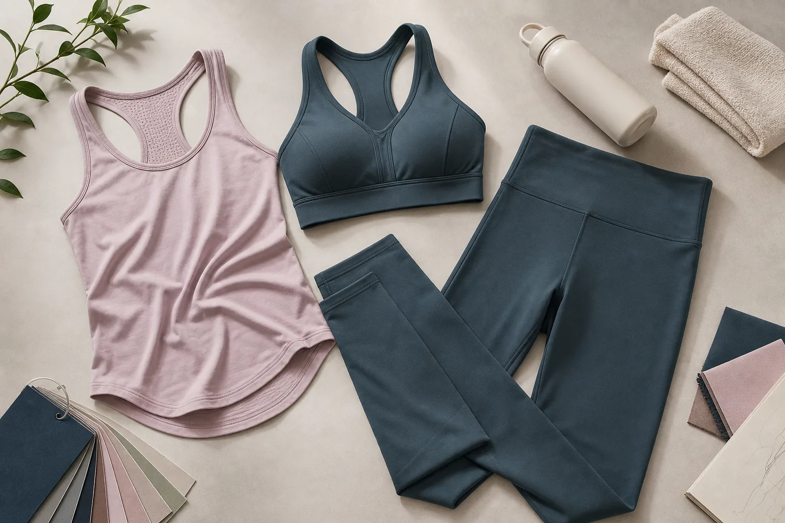 Non-branded hot yoga clothing flat lay with coordinated activewear pieces