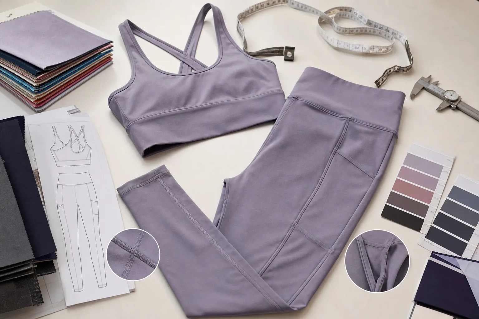 Hot yoga clothing sample review with fabric swatches and measuring tools