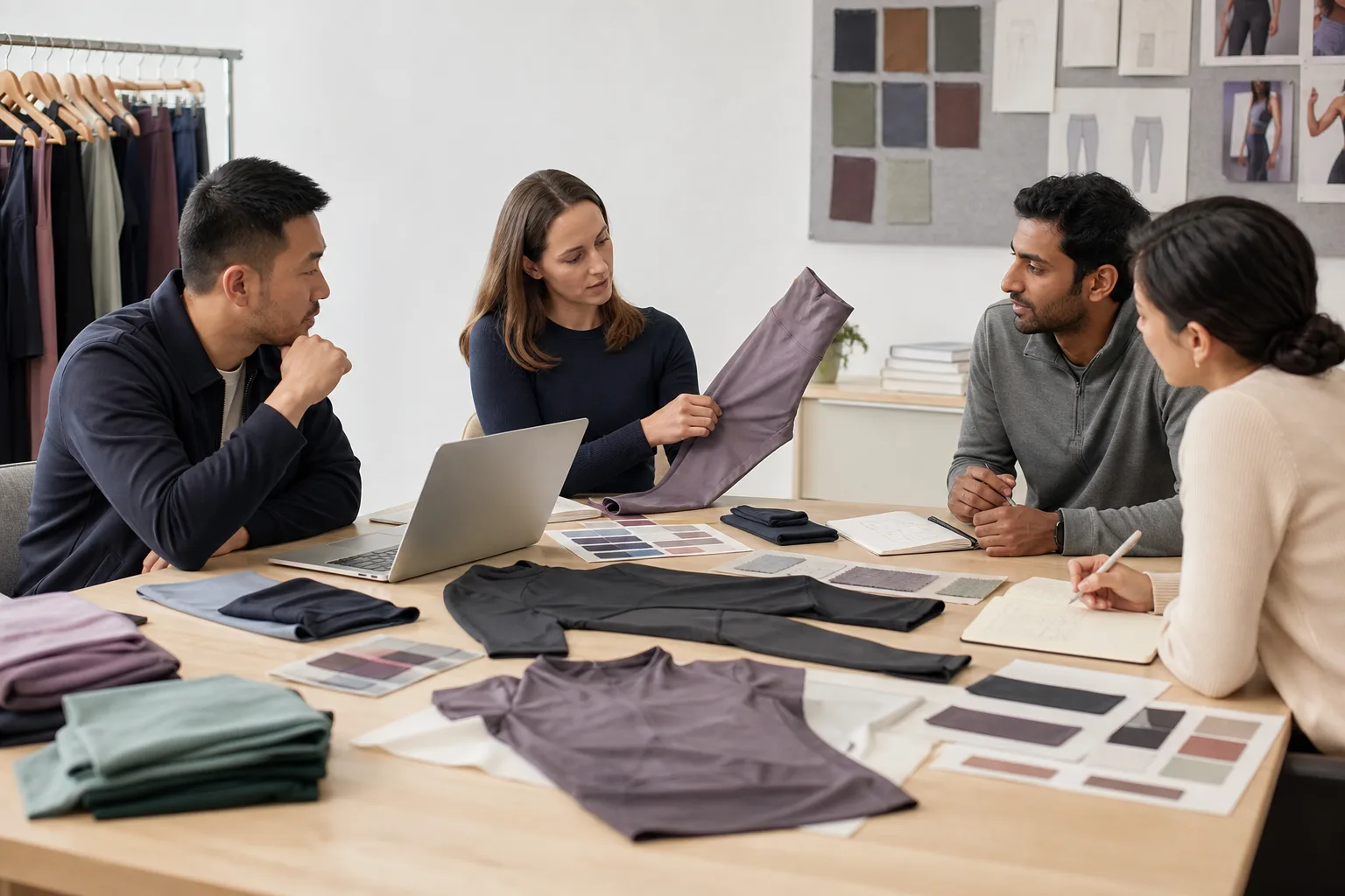 Business team reviewing yoga apparel samples, swatches, and specification notes