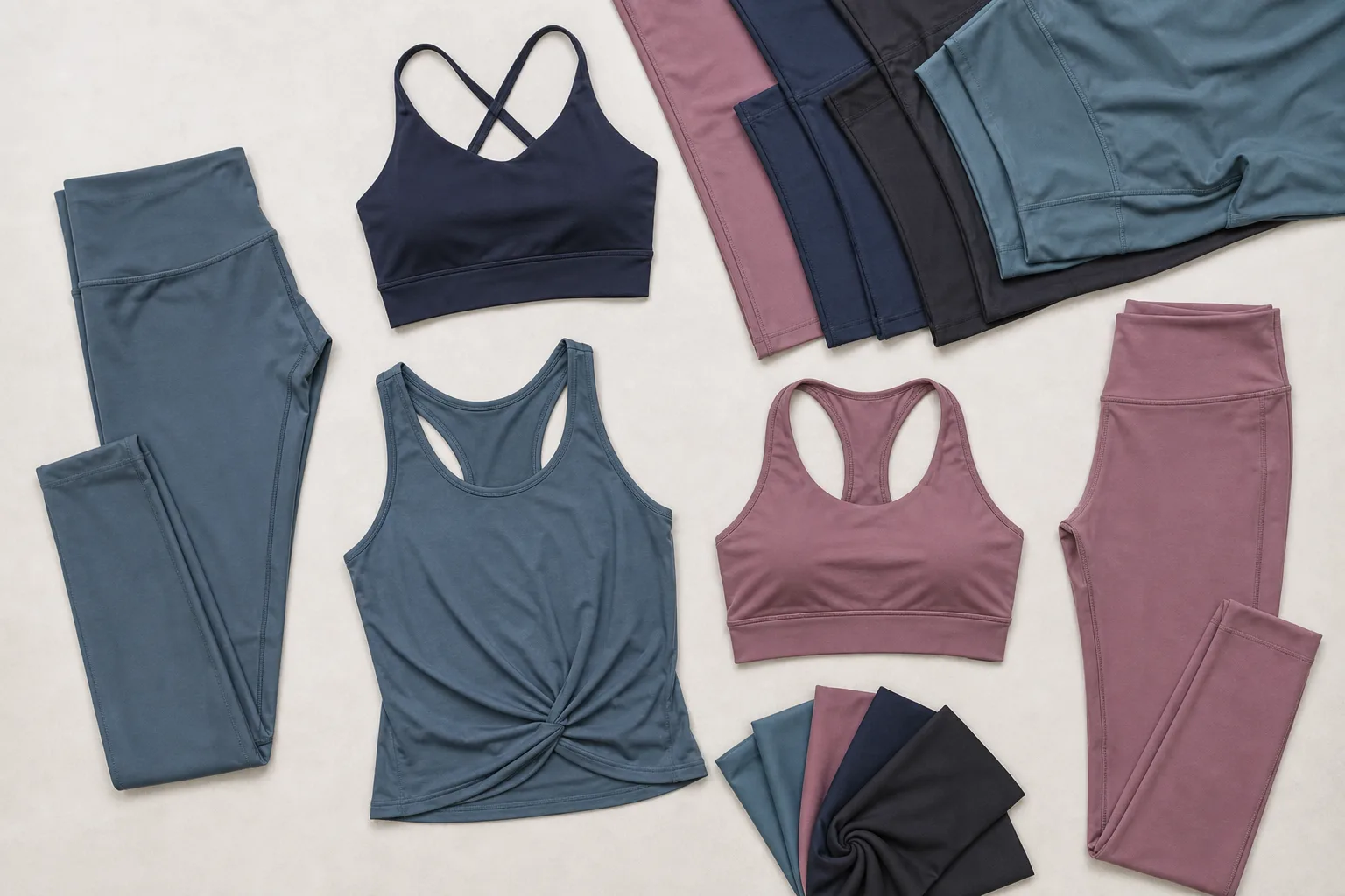 Non-branded yoga apparel assortment arranged for sourcing review