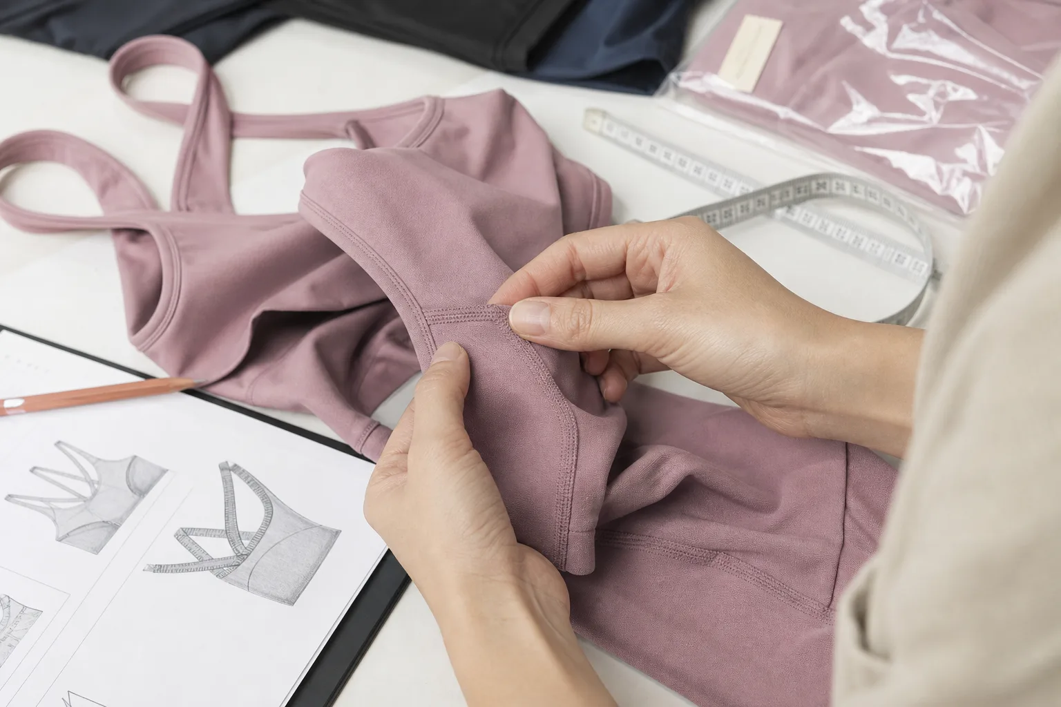 Hands checking yoga apparel measurements and stitching on a sample