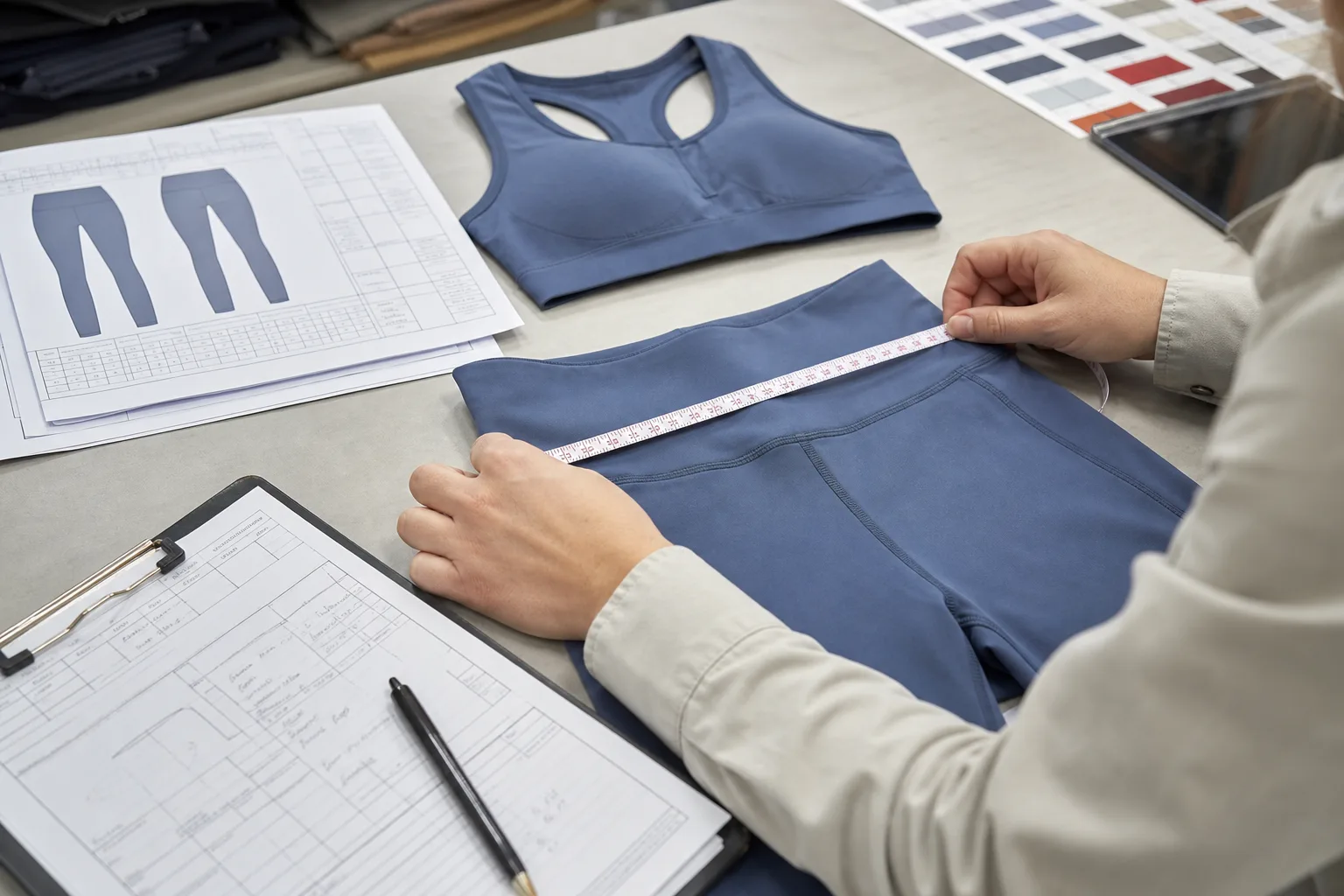 Measurement review of a yoga apparel sample before bulk approval