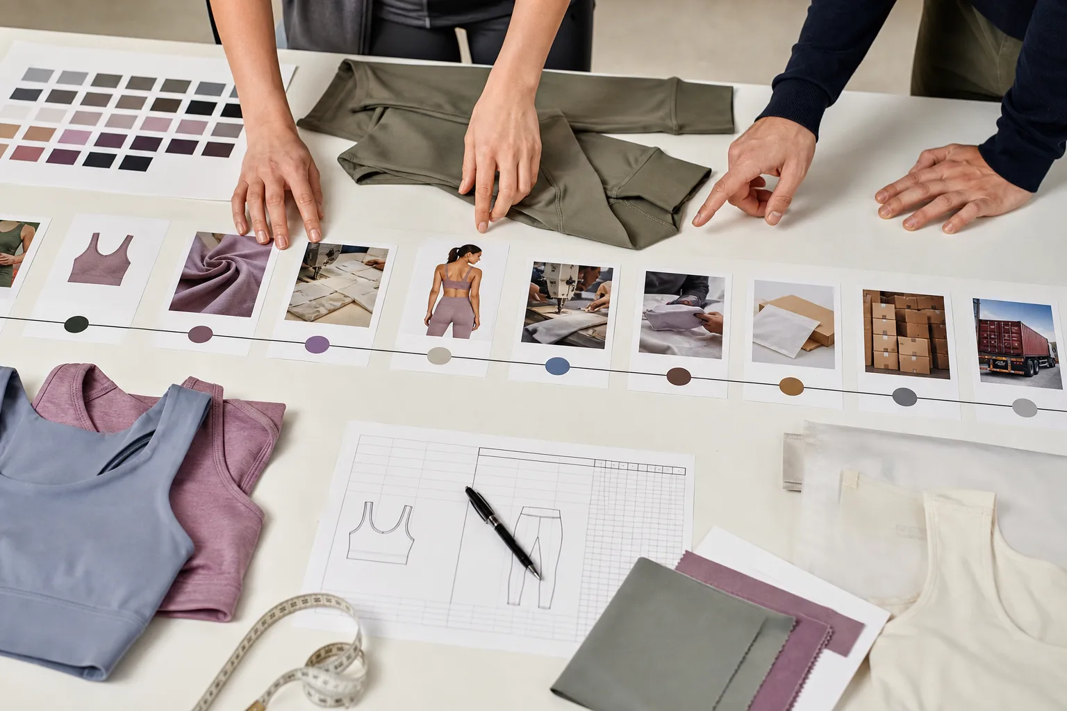 Yoga apparel production timeline planning with sample, material, inspection, and shipment stages