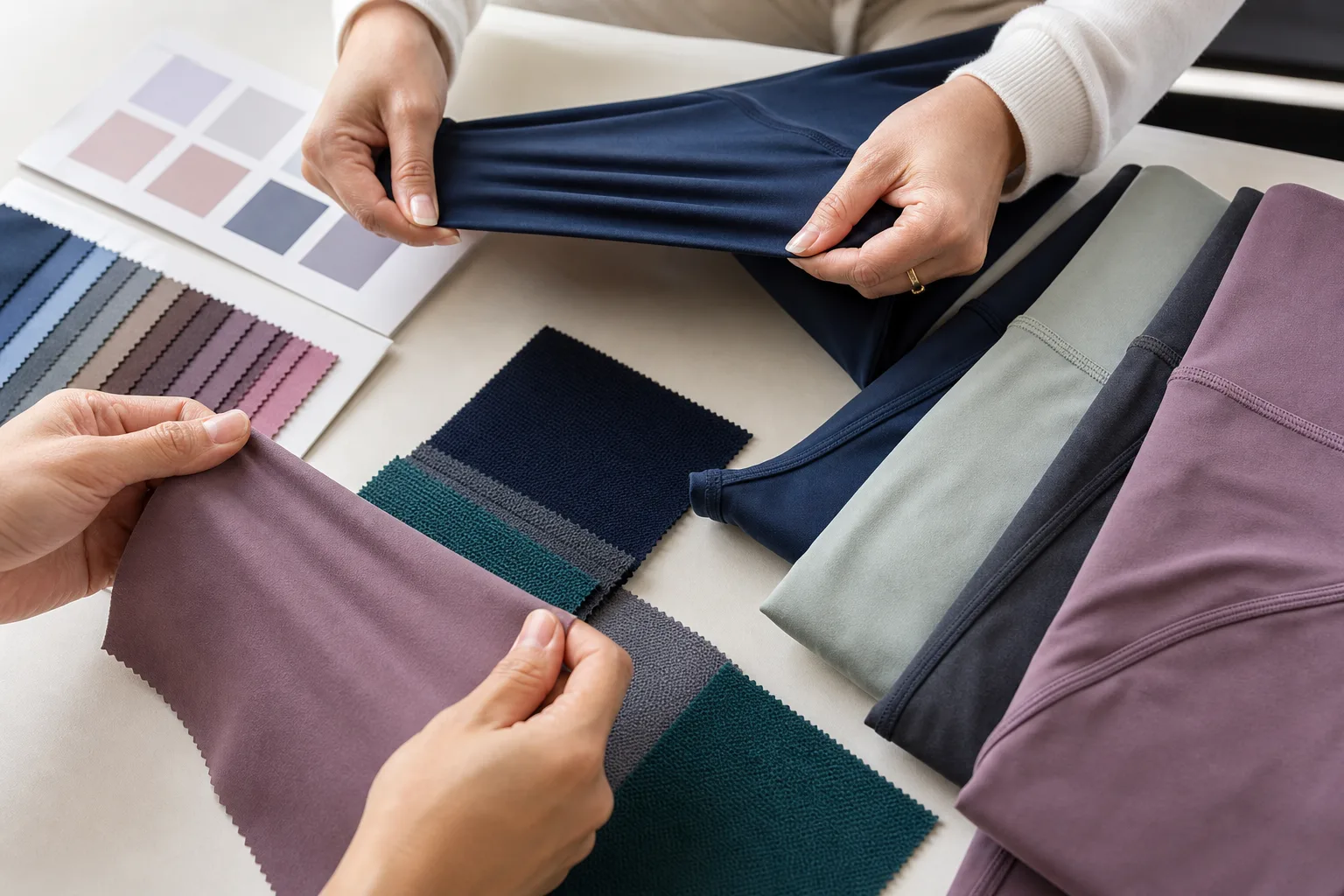 Fabric swatches for maternity yoga wear with focus on stretch and recovery