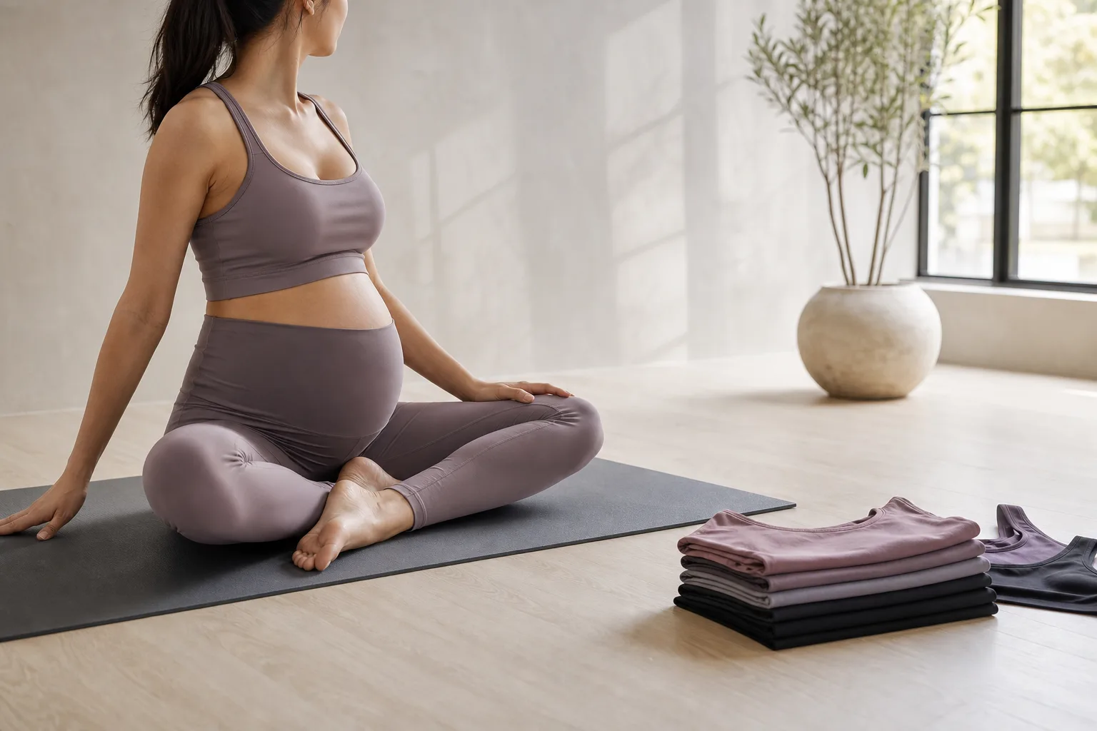 Maternity yoga wear collection with leggings, top, and bra in a studio setting