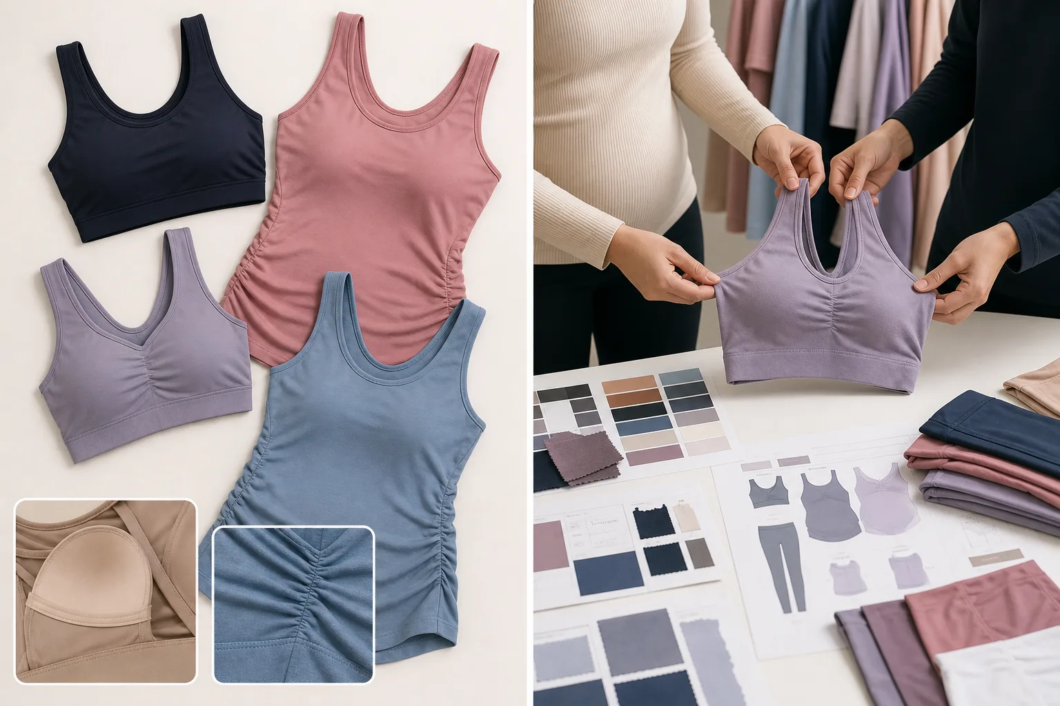 Sports bras and active tops for yoga apparel manufacturing buyers