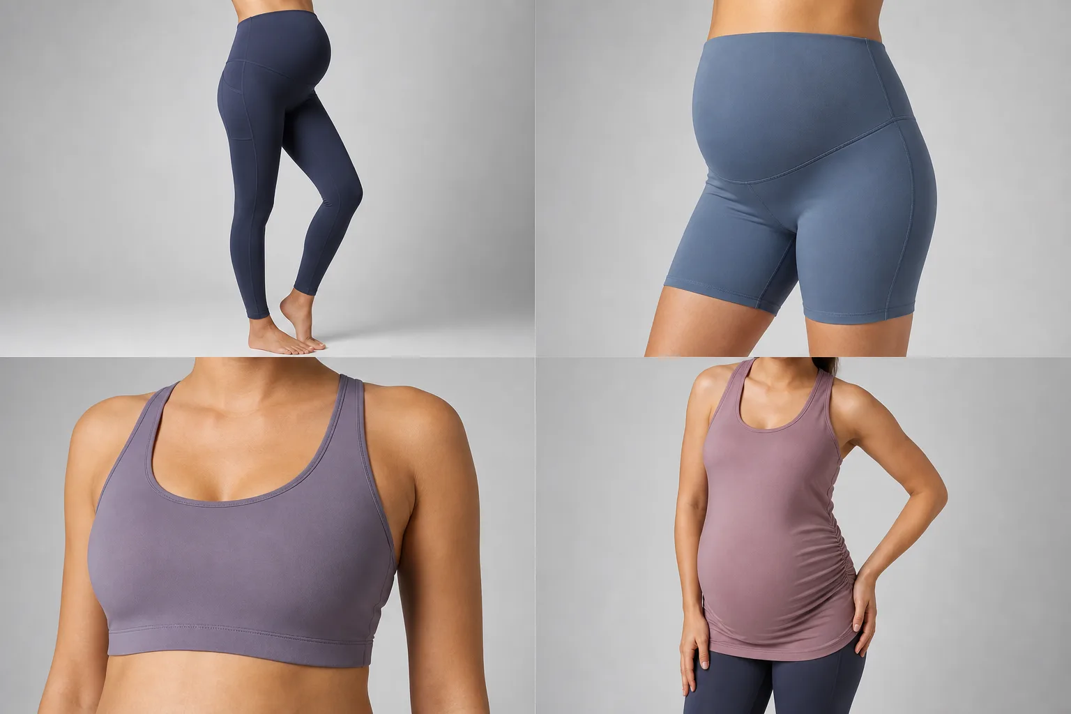 Maternity yoga wear categories shown as leggings, shorts, bra, and top