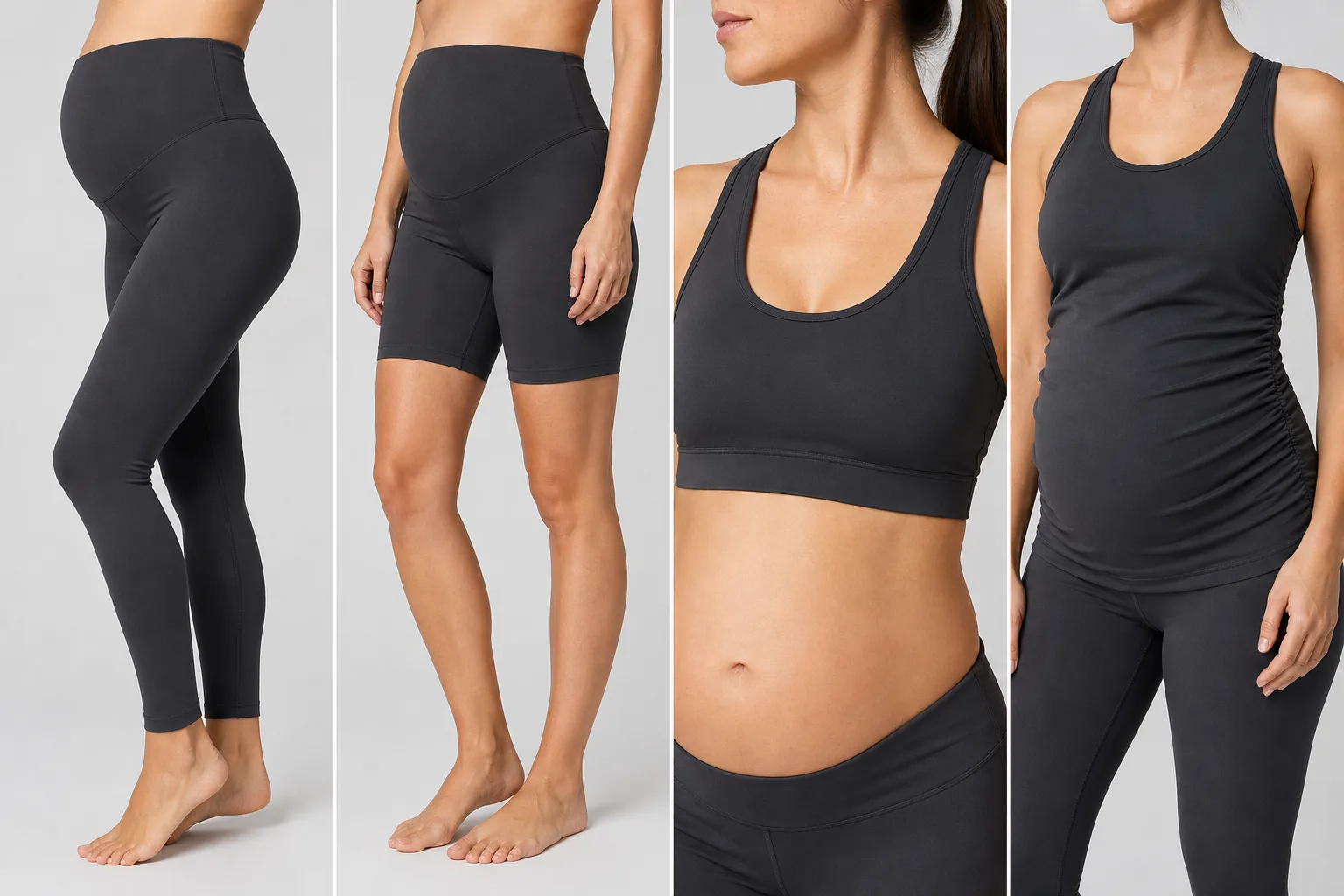 Maternity yoga wear categories shown as leggings, shorts, bra, and top
