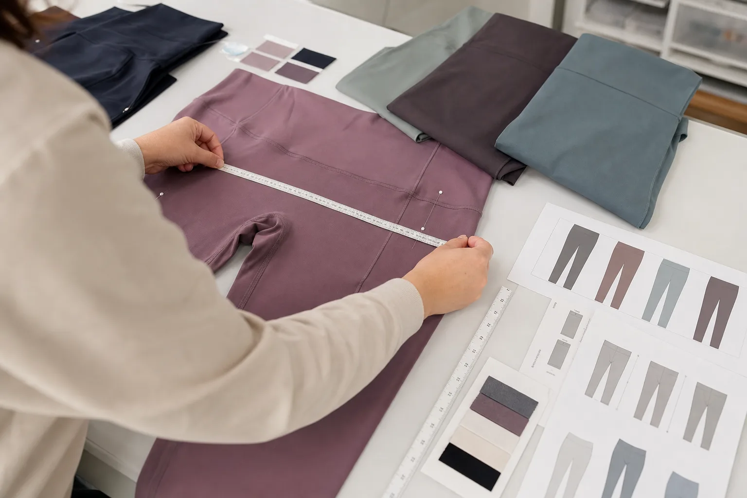 Technician checking waistband and body length measurements on yoga apparel samples