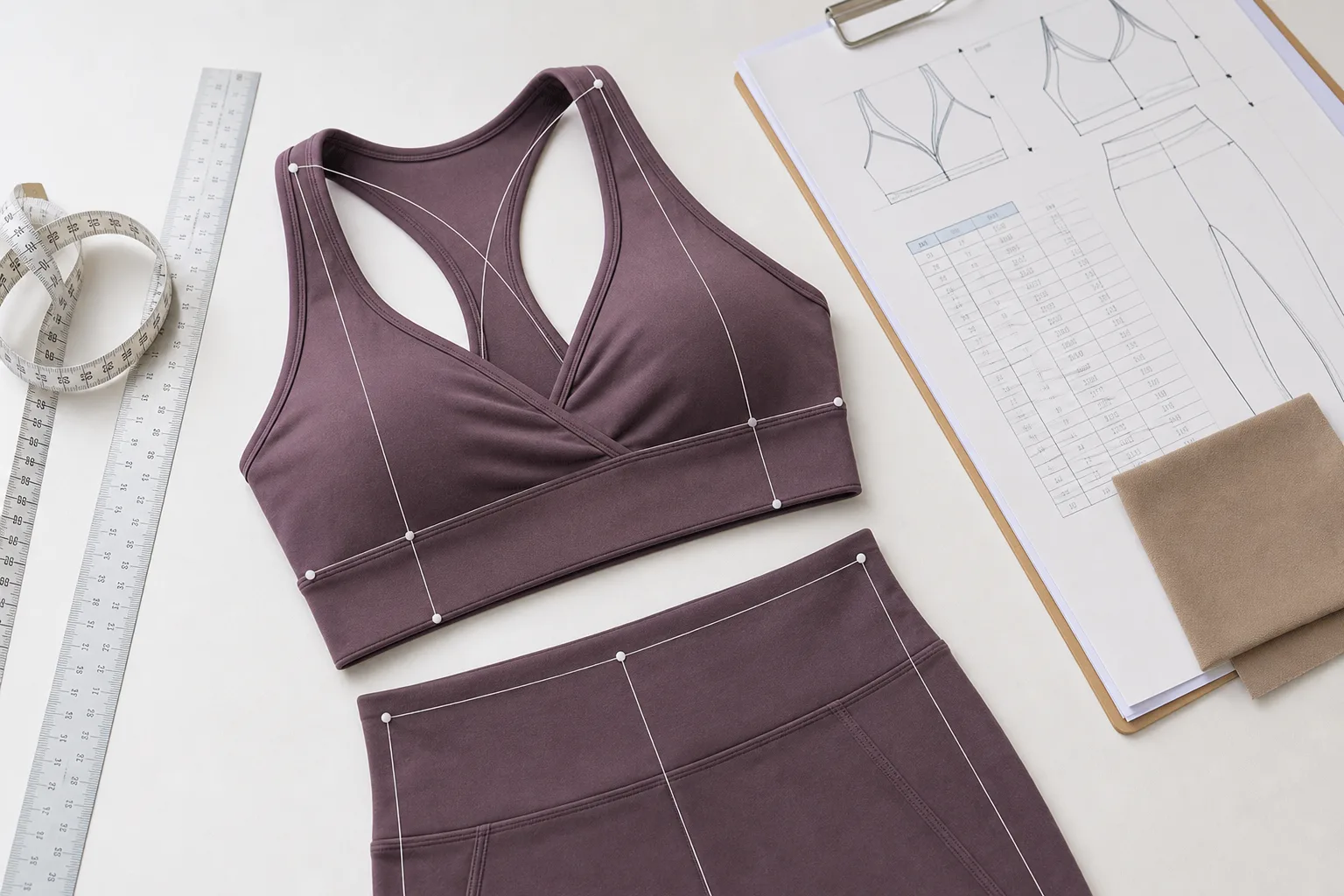 Flat activewear sample with measuring tape and measurement chart for inspection