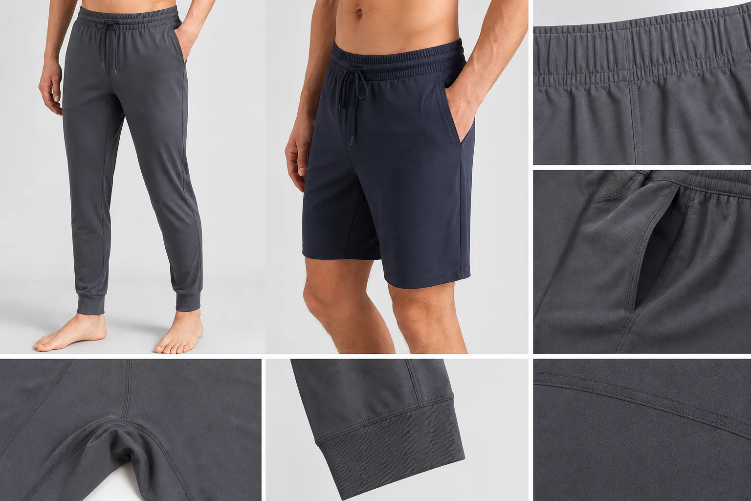 Men's yoga shorts and joggers showing waistband, seams, and pocket details