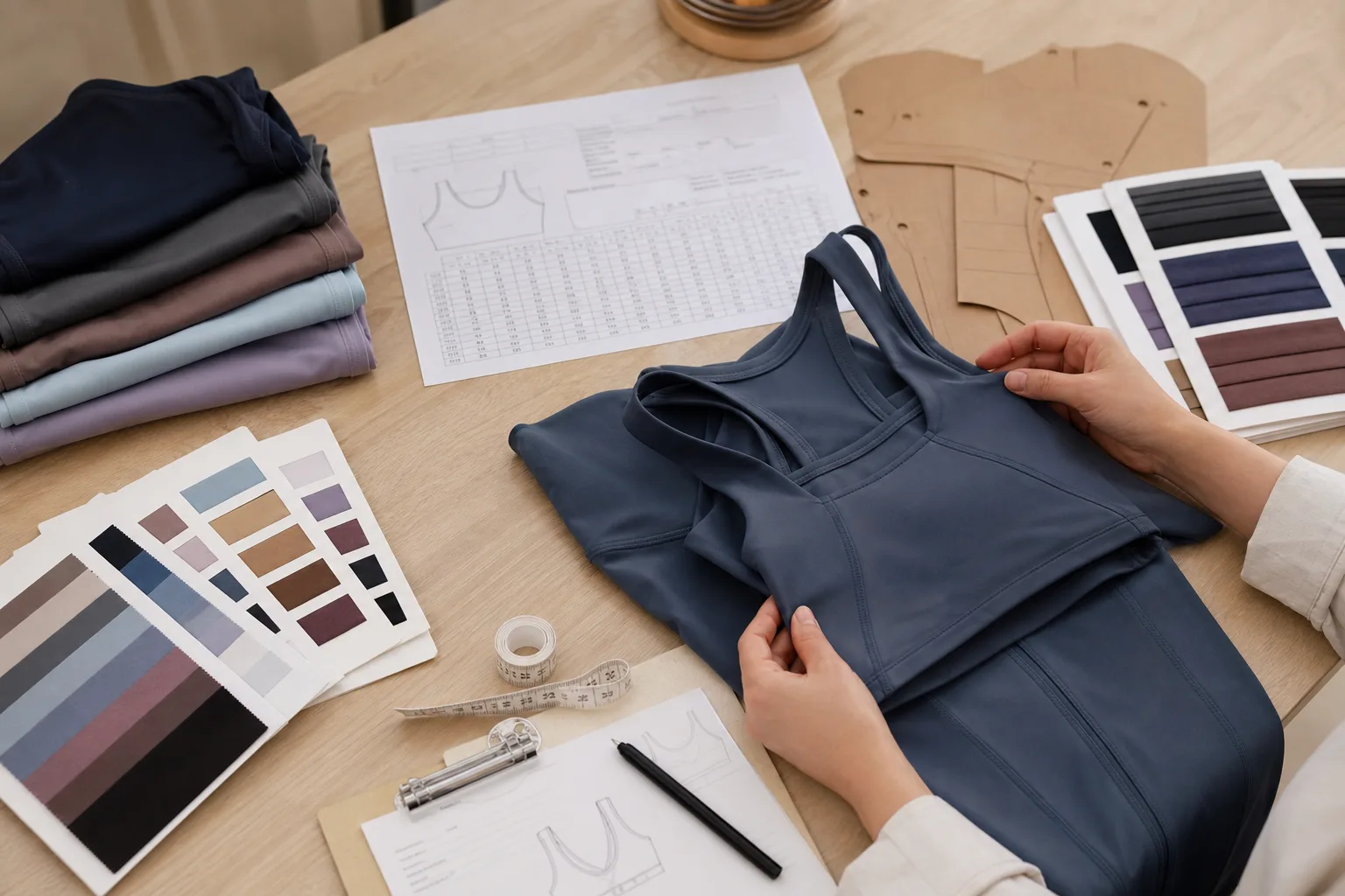 Apparel development workspace with measurements, patterns, and sample notes