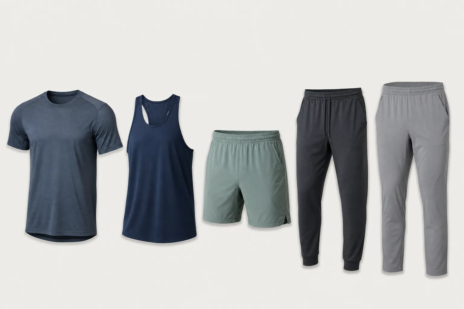 Men's yoga apparel collection with tops, shorts, joggers, and pants