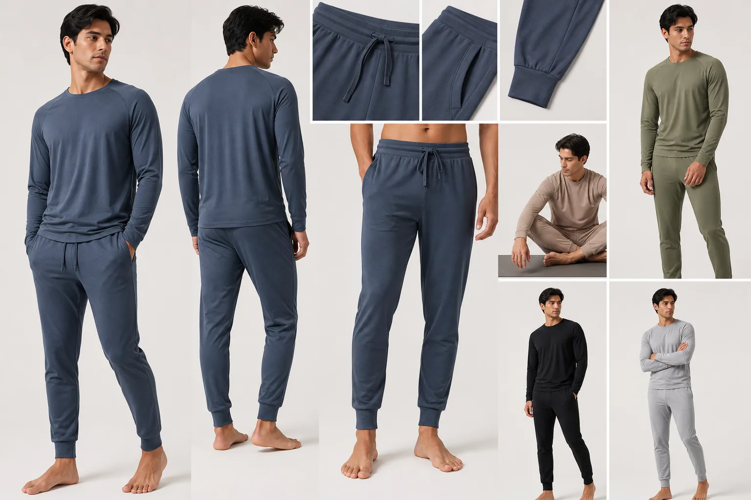 Men's yoga joggers and coordinated set styling for retail presentation