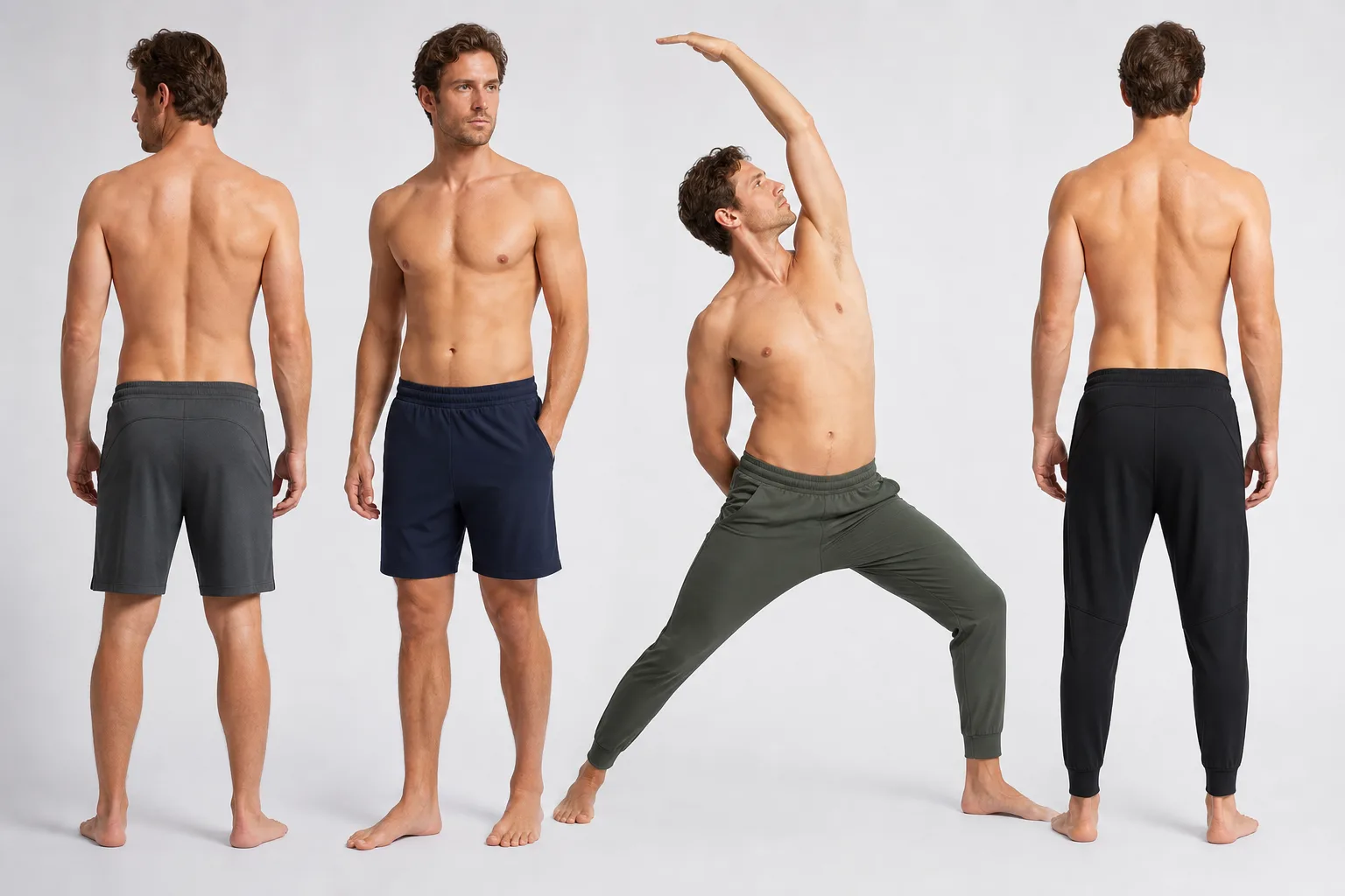 Men's yoga shorts and pants shown with clear fit differences