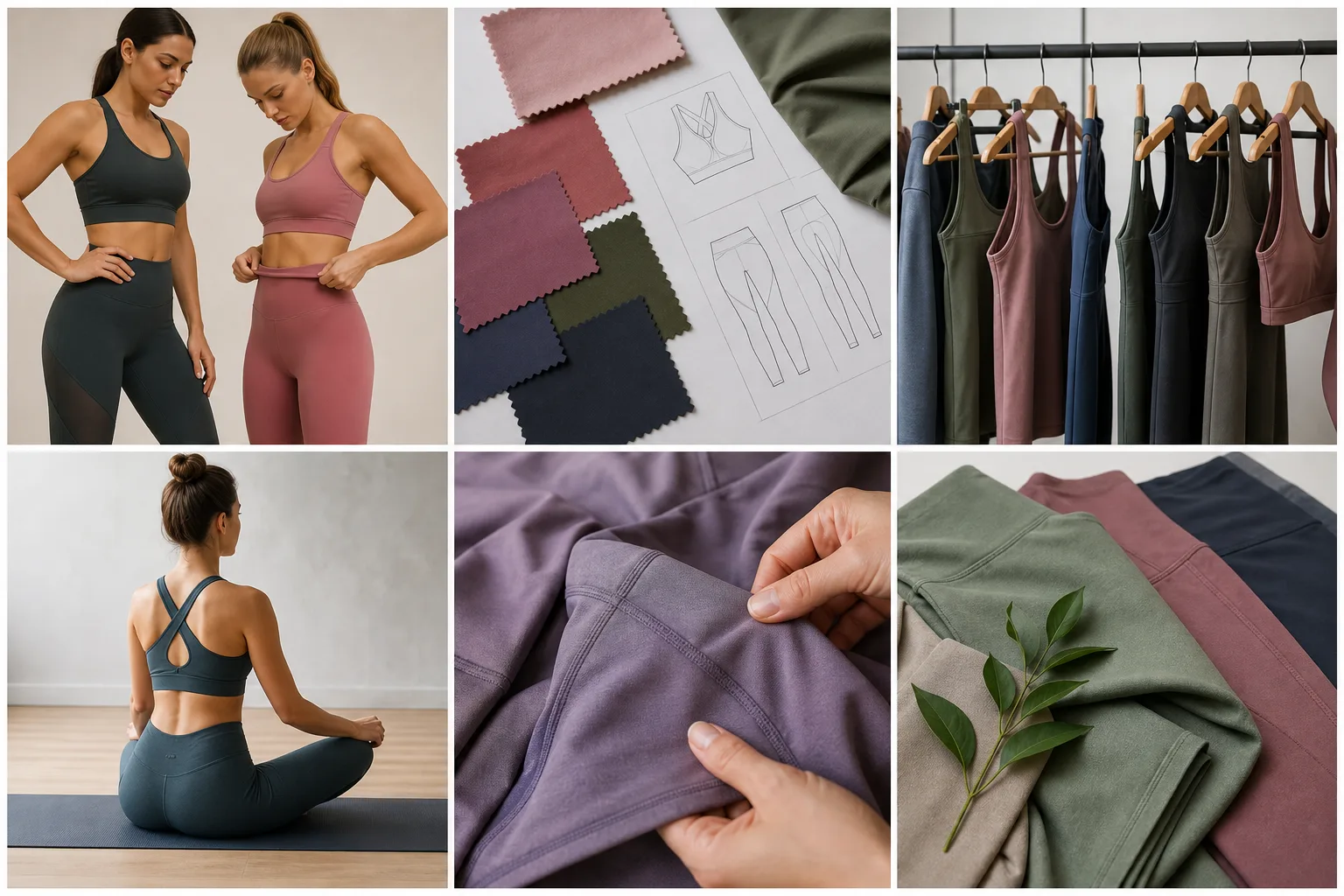 Non-branded activewear application cards arranged with fabric swatches