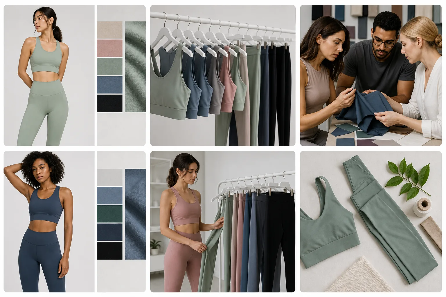 Non-branded activewear application cards arranged with fabric swatches